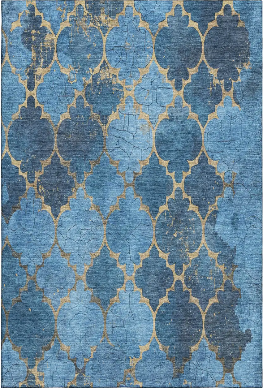 Blue And Gold Damask Washable Area Rug With UV Protection Photo 1