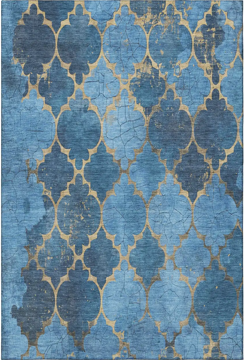 Blue And Gold Damask Washable Area Rug With UV Protection Photo 2
