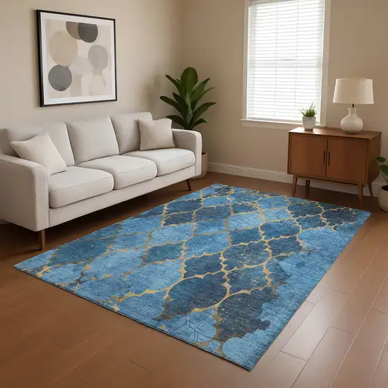 Blue And Gold Damask Washable Area Rug With UV Protection Photo 3