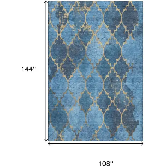 Blue And Gold Damask Washable Area Rug With UV Protection Photo 9
