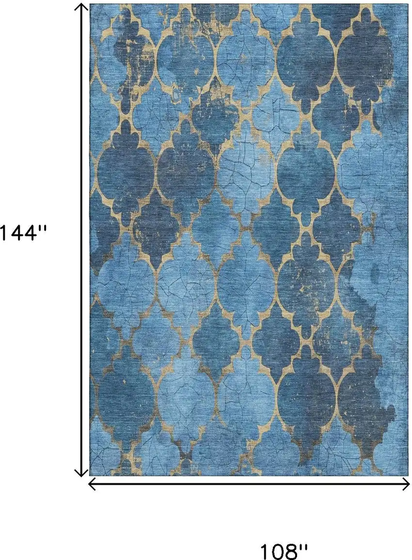 Blue And Gold Damask Washable Area Rug With UV Protection Photo 9