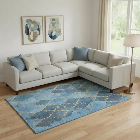 Blue And Gold Damask Washable Area Rug With UV Protection Photo 2