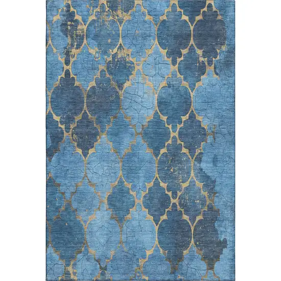 Blue And Gold Damask Washable Area Rug With UV Protection Photo 1