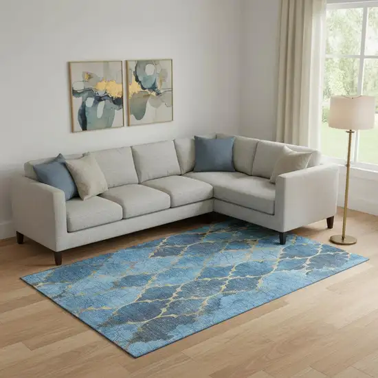 Blue And Gold Damask Washable Area Rug With UV Protection Photo 2