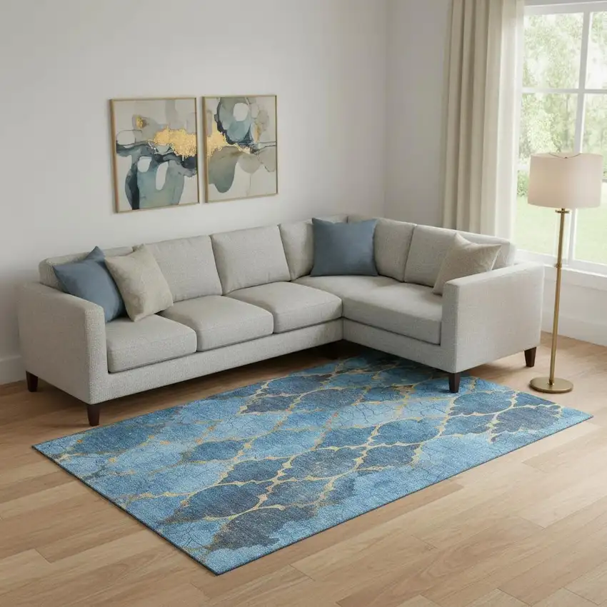 Blue And Gold Damask Washable Area Rug With UV Protection Photo 2