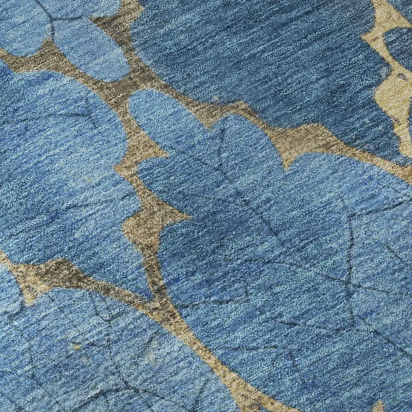 Blue And Gold Damask Washable Area Rug With UV Protection Photo 9
