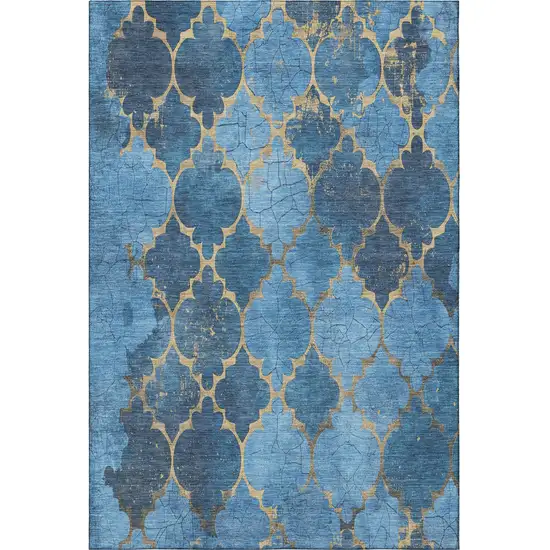 Blue And Gold Damask Washable Area Rug With UV Protection Photo 3