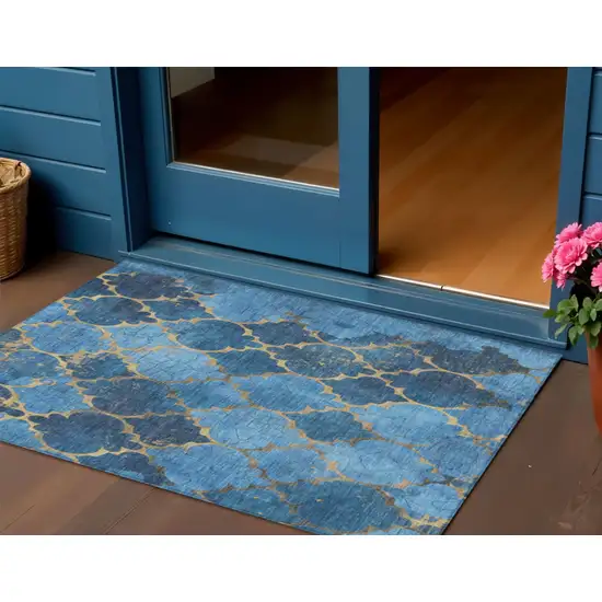 Blue And Gold Damask Washable Indoor Outdoor Area Rug Photo 2