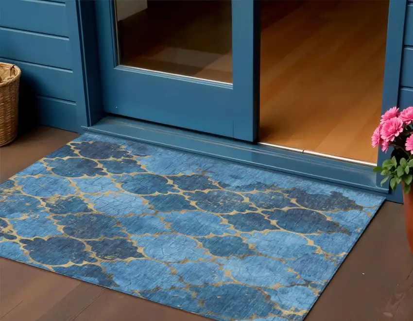Blue And Gold Damask Washable Indoor Outdoor Area Rug Photo 2