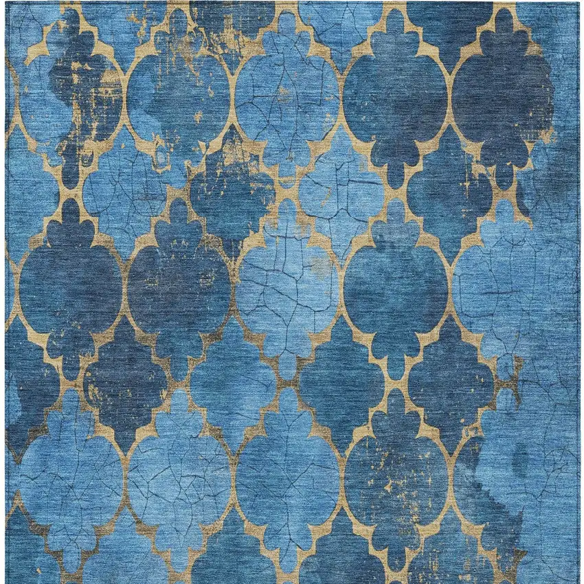 Blue And Gold Damask Washable Indoor Outdoor Area Rug Photo 7