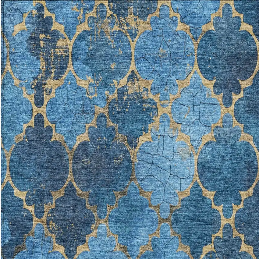 Blue And Gold Damask Washable Indoor Outdoor Area Rug Photo 6