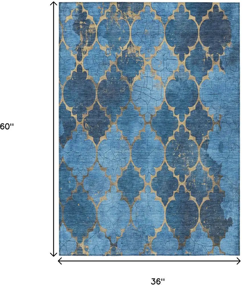 Blue And Gold Damask Washable Indoor Outdoor Area Rug Photo 9