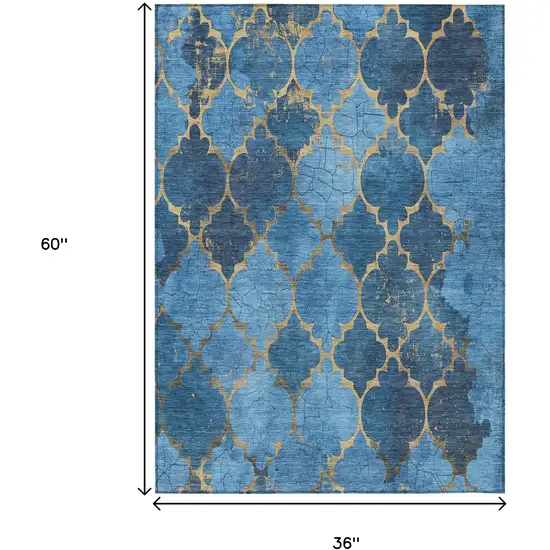 Blue And Gold Damask Washable Indoor Outdoor Area Rug Photo 9
