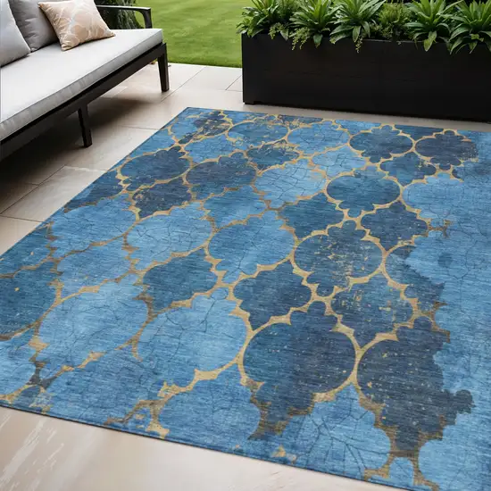 Blue And Gold Damask Washable Indoor Outdoor Area Rug Photo 2