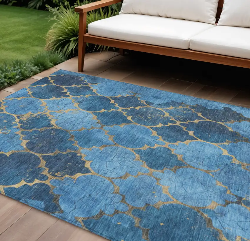 Blue And Gold Damask Washable Indoor Outdoor Area Rug Photo 2