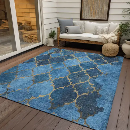 Blue And Gold Damask Washable Indoor Outdoor Area Rug Photo 5