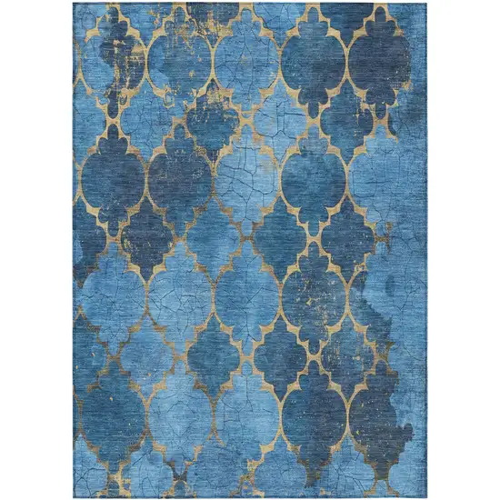 Blue And Gold Damask Washable Indoor Outdoor Area Rug Photo 9