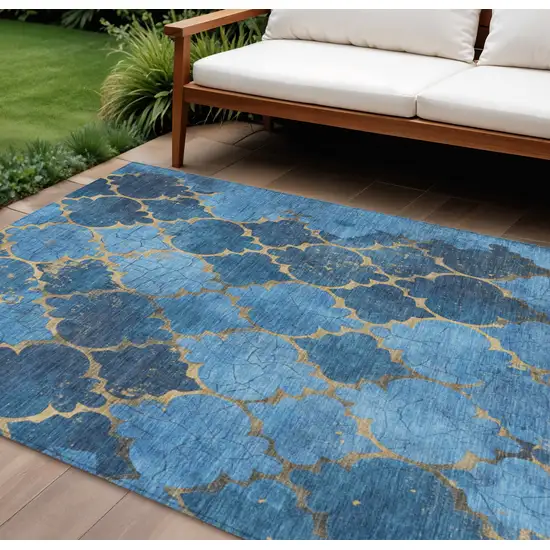 Blue And Gold Damask Washable Indoor Outdoor Area Rug Photo 2