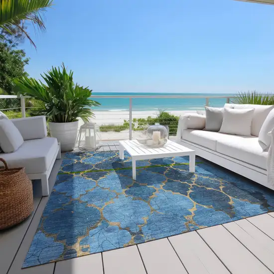 Blue And Gold Damask Washable Indoor Outdoor Area Rug Photo 6