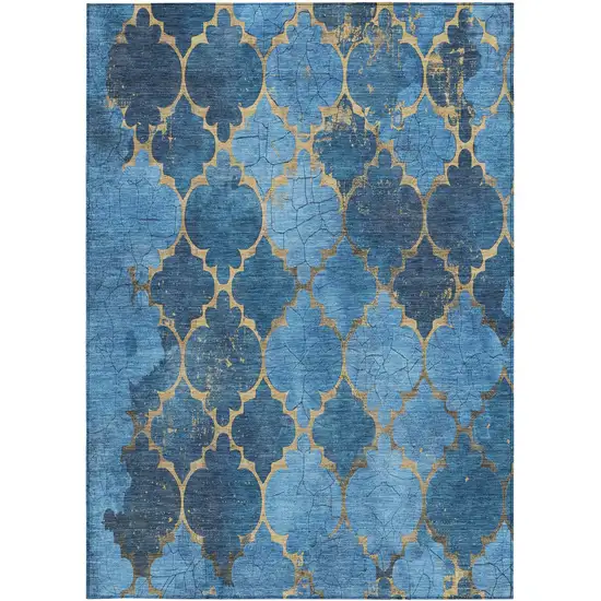 Blue And Gold Damask Washable Indoor Outdoor Area Rug Photo 8