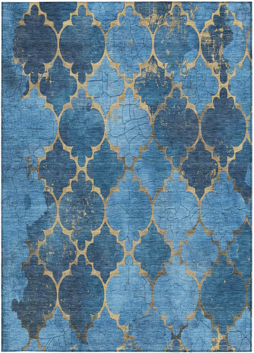 Blue And Gold Damask Washable Indoor Outdoor Area Rug Photo 8