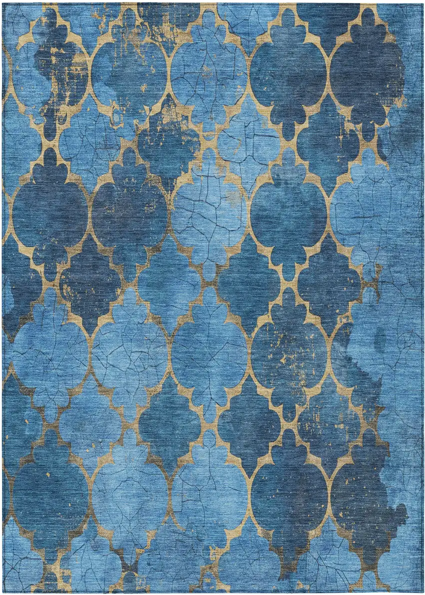 Blue And Gold Damask Washable Indoor Outdoor Area Rug Photo 7