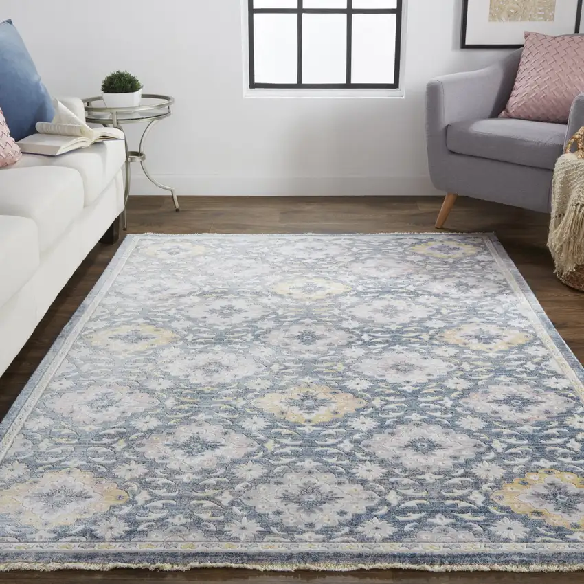 Blue And Gold Floral Stain Resistant Area Rug Photo 8