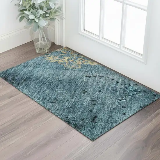Blue And Gold Floral Washable Area Rug With UV Protection Photo 2