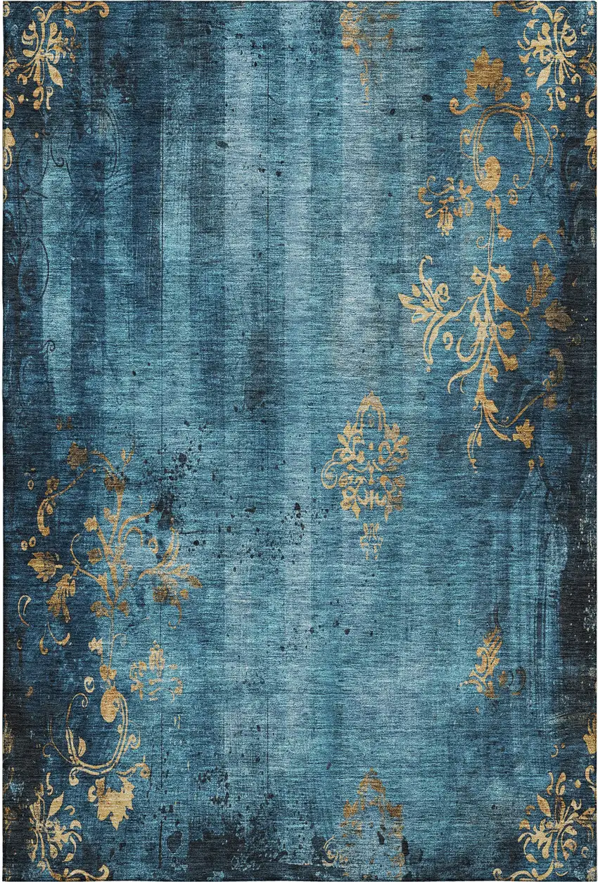 Blue And Gold Floral Washable Area Rug With UV Protection Photo 6
