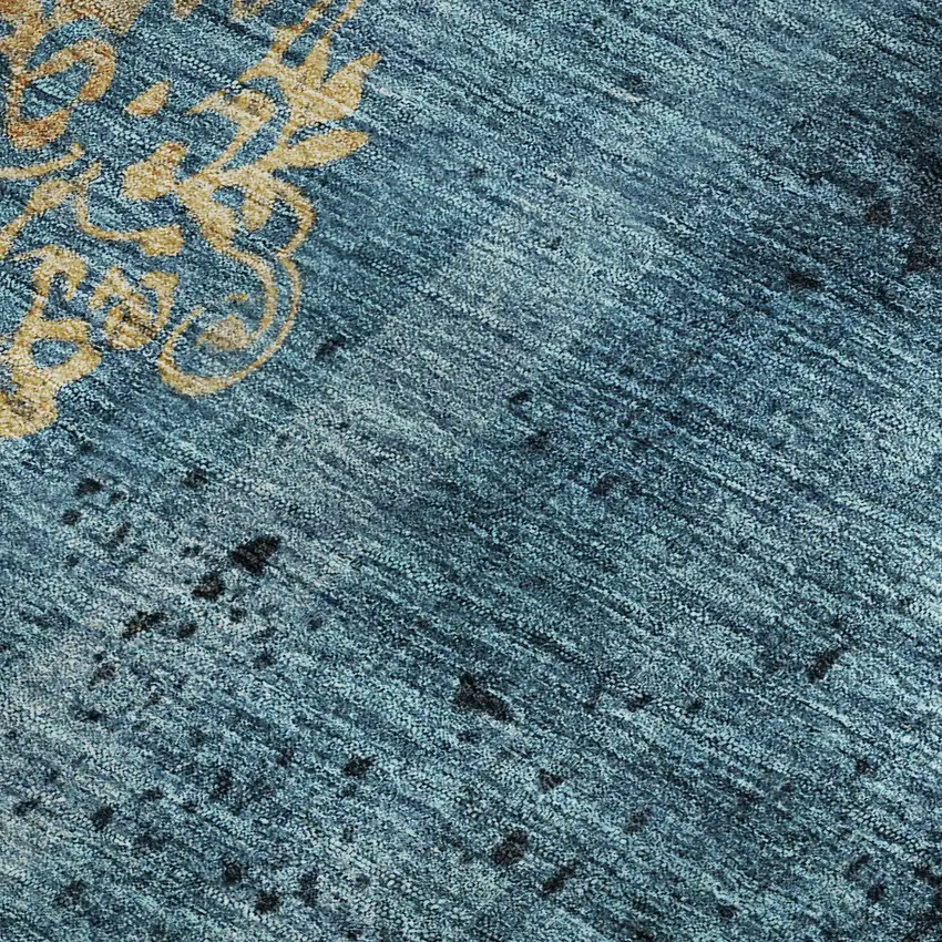 Blue And Gold Floral Washable Area Rug With UV Protection Photo 3