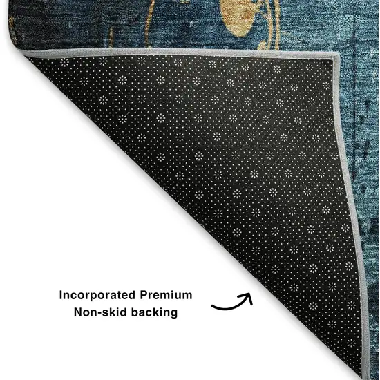 Blue And Gold Floral Washable Area Rug With UV Protection Photo 7