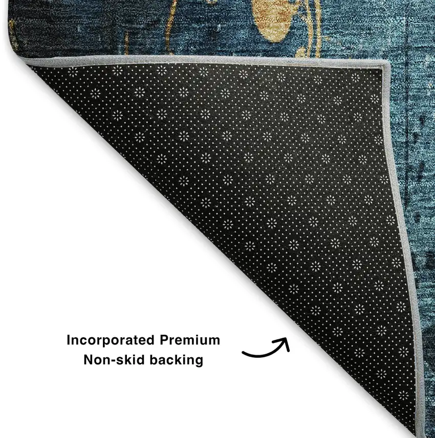 Blue And Gold Floral Washable Area Rug With UV Protection Photo 7
