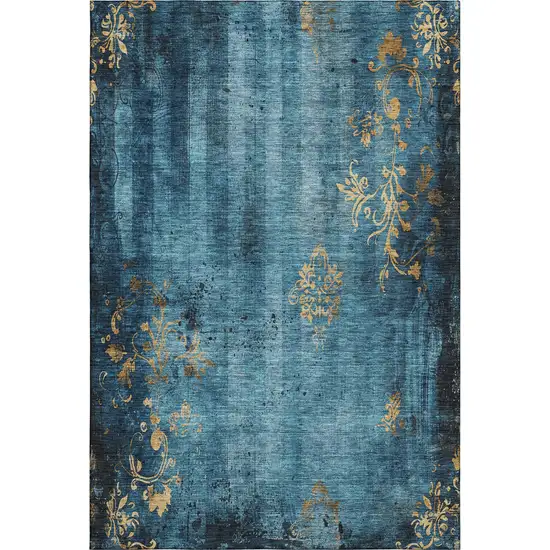 Blue And Gold Floral Washable Area Rug With UV Protection Photo 6