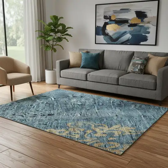 Blue And Gold Floral Washable Area Rug With UV Protection Photo 2