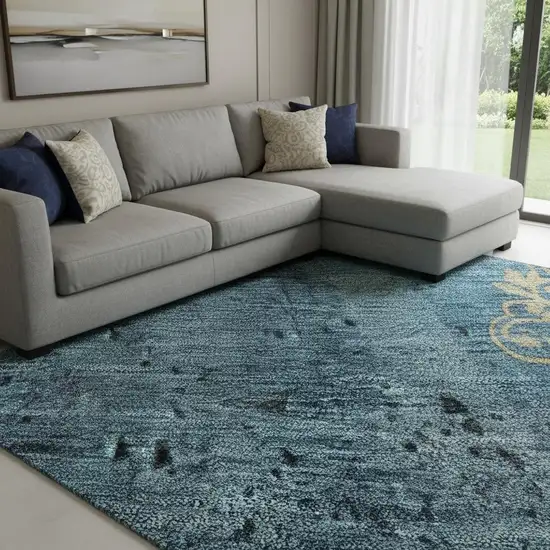 Blue And Gold Floral Washable Area Rug With UV Protection Photo 2