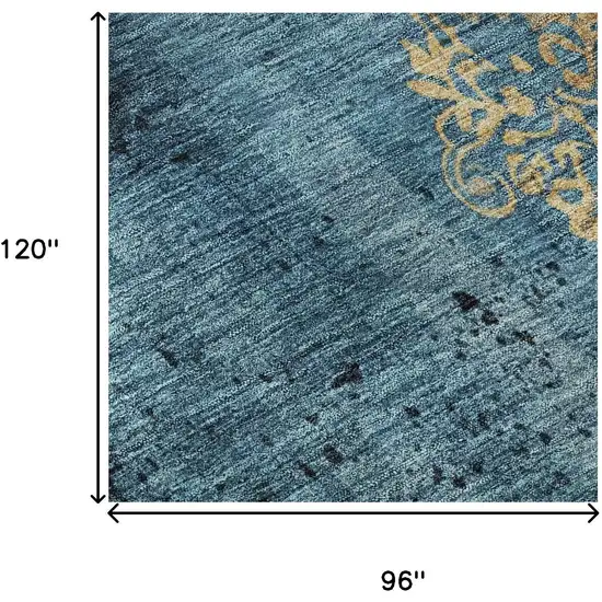 Blue And Gold Floral Washable Area Rug With UV Protection Photo 9