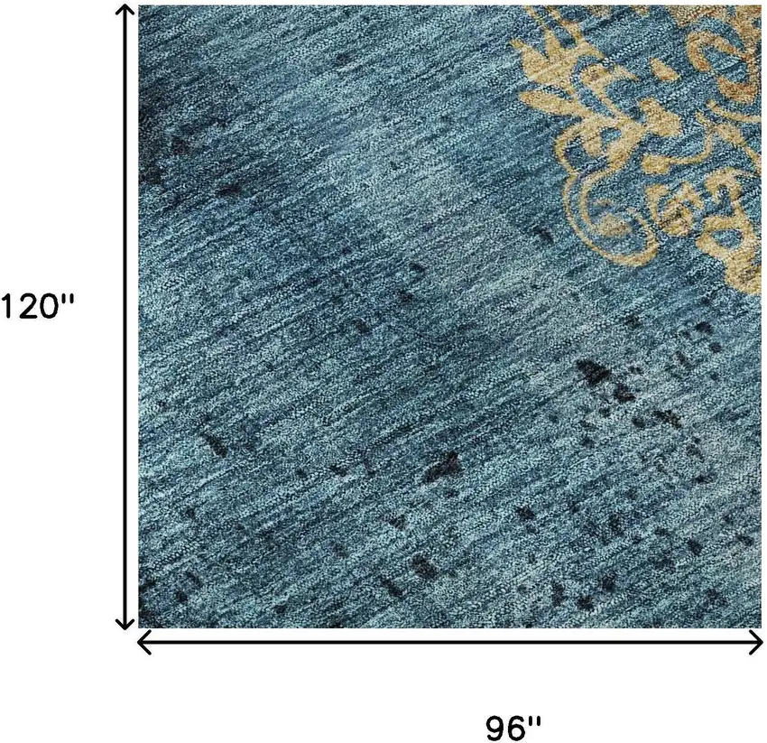 Blue And Gold Floral Washable Area Rug With UV Protection Photo 9