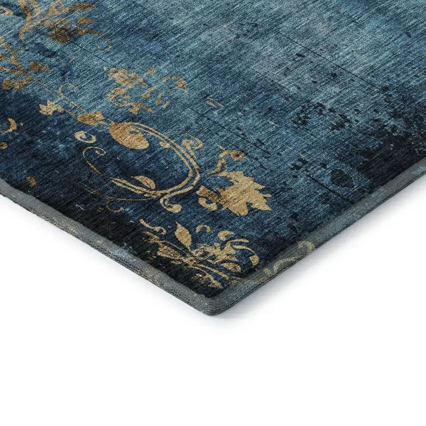 Blue And Gold Floral Washable Area Rug With UV Protection Photo 8