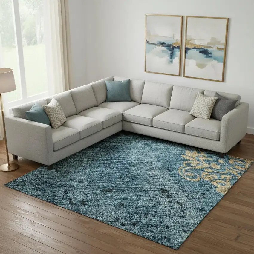 Blue And Gold Floral Washable Area Rug With UV Protection Photo 2