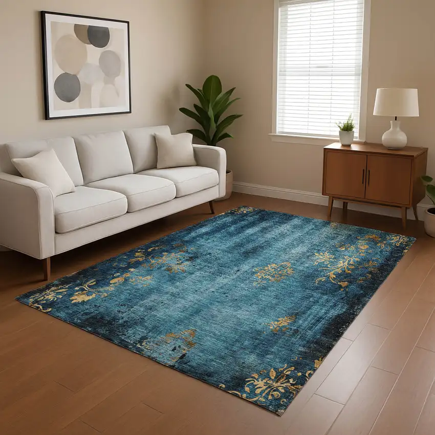 Blue And Gold Floral Washable Area Rug With UV Protection Photo 4