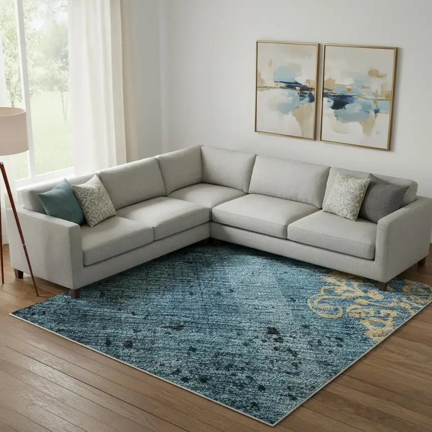 Blue And Gold Floral Washable Area Rug With UV Protection Photo 2