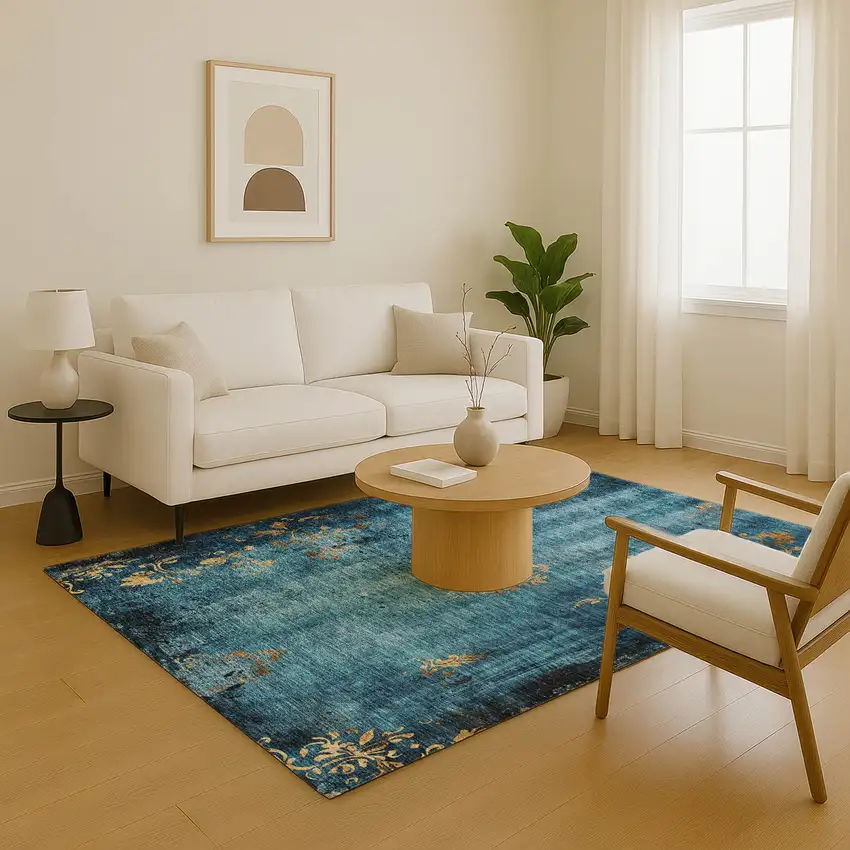 Blue And Gold Floral Washable Area Rug With UV Protection Photo 5