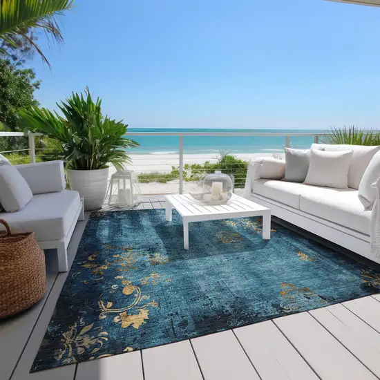 Blue And Gold Floral Washable Indoor Outdoor Area Rug Photo 7