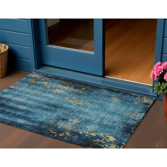 Blue And Gold Floral Washable Indoor Outdoor Area Rug Photo 2