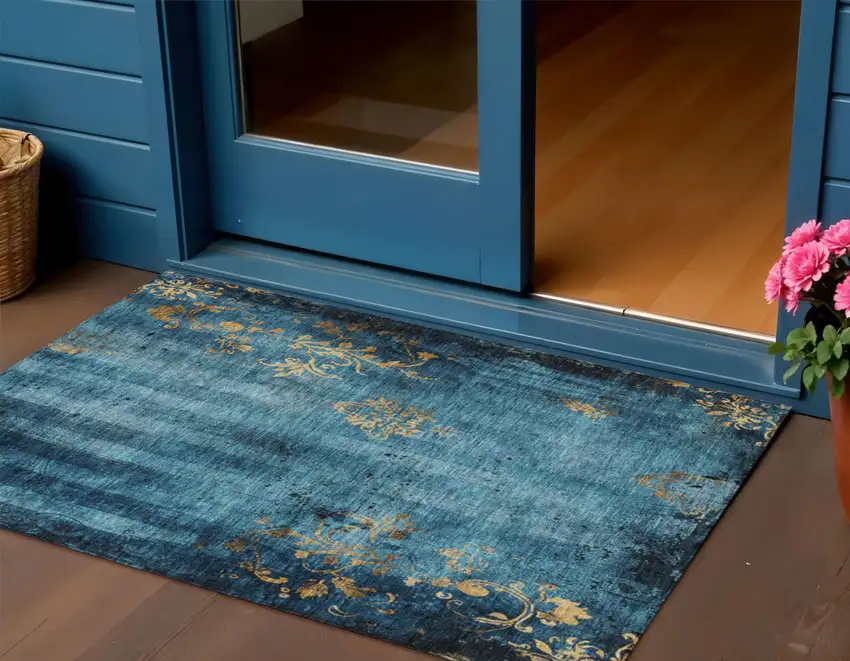 Blue And Gold Floral Washable Indoor Outdoor Area Rug Photo 2