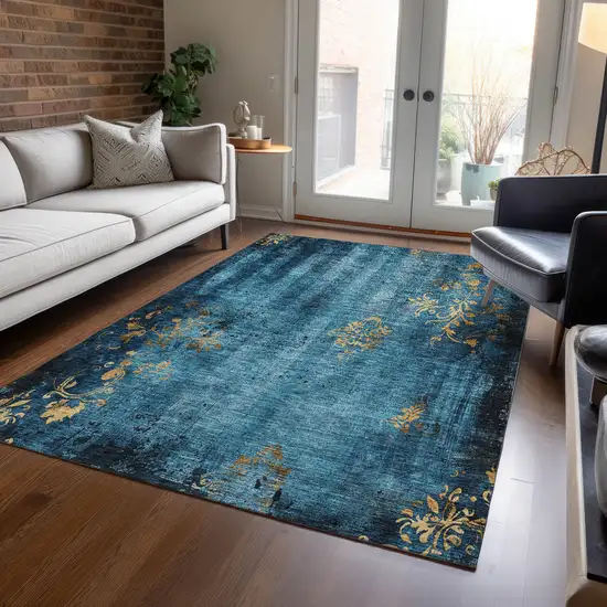 Blue And Gold Floral Washable Indoor Outdoor Area Rug Photo 5