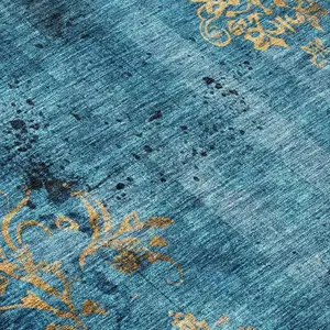 Photo of Blue And Gold Floral Washable Indoor Outdoor Area Rug