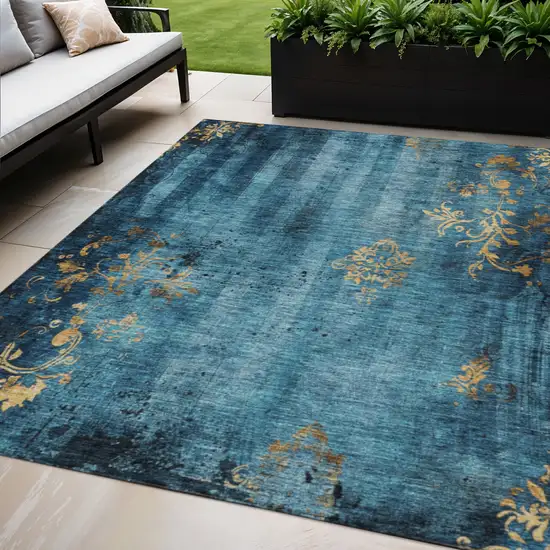 Blue And Gold Floral Washable Indoor Outdoor Area Rug Photo 2
