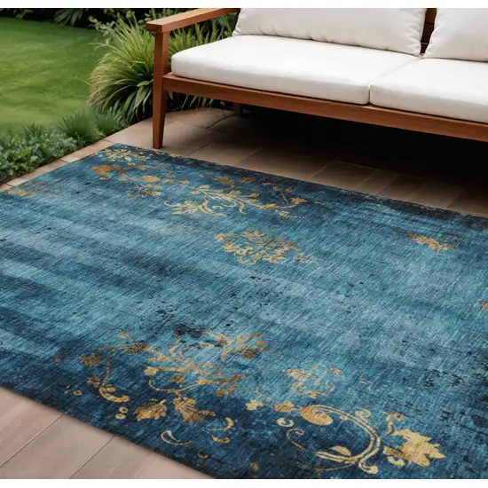 Blue And Gold Floral Washable Indoor Outdoor Area Rug Photo 2