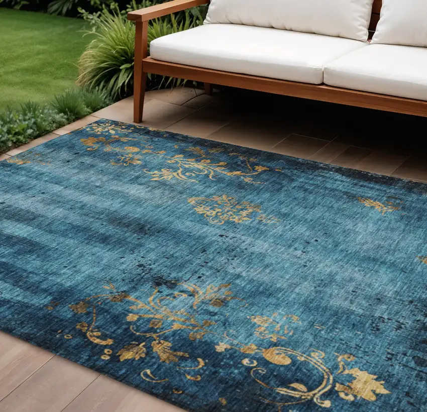 Blue And Gold Floral Washable Indoor Outdoor Area Rug Photo 2